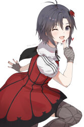 1girl :d antenna_hair black_eyes black_hair black_ribbon collar cowboy_shot dot_nose dress eyelashes finger_to_own_chin fingerless_gloves fishnet_gloves fishnets forehead gloves heart idolmaster idolmaster_(classic) idolmaster_million_live! idolmaster_million_live!_theater_days kikuchi_makoto light_blush looking_at_viewer mogskg my_dear_vampire_(idolmaster) neck_ribbon official_alternate_costume one_eye_closed open_mouth parted_bangs puffy_short_sleeves puffy_sleeves red_dress ribbon short_hair short_sleeves sidelocks smile solo spider_web_print thighhighs twitter_username white_collar zettai_ryouiki