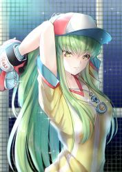 Rule 34 | 1girl, absurdres, arms behind head, baseball bat, baseball glove, breasts, budgiepon, c.c., code geass, cosplay, green hair, hair between eyes, highres, hololive, long hair, looking at viewer, medium breasts, net, oozora subaru, oozora subaru (1st costume), oozora subaru (cosplay), shirt, smile, solo, stopwatch, stopwatch around neck, striped clothes, striped shirt, vertical-striped clothes, vertical-striped shirt, virtual youtuber, watch, whistle, whistle around neck, yellow eyes