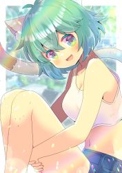 1girl, :d, animal ear fluff, animal ears, bangs, bare arms, bare shoulders, blue shorts, blush, borrowed character, breasts, cat ears, cat girl, cat tail, cleavage, collarbone, commentary request, crop top, eyebrows visible through hair, fang, green eyes, green hair, hair between eyes, knees up, kouu hiyoyo, leg hug, looking at viewer, medium breasts, midriff, navel, open mouth, original, short shorts, shorts, smile, solo, tail, tail raised, tank top, white tank top