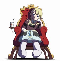 Rule 34 | 1girl, blonde hair, blue eyes, boots, bored, cup, dress, drinking straw, full body, gloves, hand on own cheek, hand on own face, looking at viewer, mitsu (nicoseiga), nichijou, pointy ears, princess starla (nichijou), serious, simple background, sitting, solo, throne, white background, white gloves