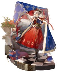 Rule 34 | 1girl, 9degree, absurdres, arknights, boots, bow, cape, closed mouth, commentary, dress, hair bow, hand on own hip, highres, long dress, long hair, official alternate costume, ponytail, red dress, red eyes, ribbon, silver hair, solo, symbol-only commentary, tassel, weedy (arknights), weedy (candy cape) (arknights), winding key