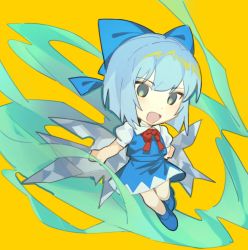 Rule 34 | 1girl, :d, blue dress, blue eyes, blue hair, bow, cirno, dress, flower, hair bow, highres, ntii, open mouth, orange background, pinafore dress, sleeveless dress, smile, solo, sunflower, touhou, wings, yellow background