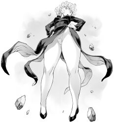 Rule 34 | 1girl, breasts, cameltoe, cleft of venus, curly hair, dress, floating clothes, from below, greyscale, groin, hands on own hips, heels, highleg, highleg panties, highres, hip vent, long sleeves, looking at viewer, looking down, mogudan, monochrome, one-punch man, open mouth, panties, rock, short hair, simple background, small breasts, tatsumaki, telekinesis, thick thighs, thighs, thong, underwear, white background