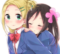 Rule 34 | 2girls, blonde hair, blue jacket, blush, bow, bowtie, brown hair, carrying, closed mouth, collared shirt, dot nose, closed eyes, flower, forehead, green eyes, hair flower, hair ornament, hairclip, hairpin, hitori bocchi, hitoribocchi no marumaru seikatsu, jacket, long hair, looking at viewer, multiple girls, one side up, parted lips, piggyback, pink flower, red bow, red bowtie, shirt, simple background, sk02, sleeping, smile, sotoka rakita, upper body, white background, white shirt