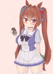 Rule 34 | 1girl, animal ears, blue scrunchie, blush, bow, box, brown hair, can, closed mouth, coffee, cowboy shot, daiwa scarlet (umamusume), flying sweatdrops, frown, hair bow, hair intakes, hair ornament, hair scrunchie, holding, holding behind back, holding box, holding can, horse ears, horse girl, horse tail, long hair, looking at viewer, microskirt, nepty (silkey vod), pink background, pleated skirt, puffy short sleeves, puffy sleeves, purple shirt, red bow, red eyes, sailor collar, school uniform, scrunchie, shirt, short sleeves, simple background, skirt, solo, standing, tail, thighhighs, tiara, tracen school uniform, twintails, umamusume, valentine, very long hair, white sailor collar, white skirt, white thighhighs