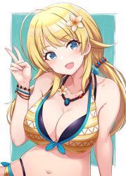 Rule 34 | 1girl, :d, ahoge, bare arms, bare shoulders, bikini, blonde hair, blue background, blue eyes, blue ribbon, blush, border, bracelet, breasts, cleavage, collarbone, flower, front-tie bikini top, front-tie top, hachimiya meguru, hair flower, hair ornament, highres, idolmaster, idolmaster shiny colors, jewelry, large breasts, low twintails, mitsukazu (nijigen complex), multi-strapped bikini, navel, necklace, open mouth, orange bikini, orange flower, outside border, ribbon, simple background, smile, solo, swimsuit, twintails, upper body, v, white border