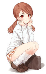 Rule 34 | 10s, 1girl, bag, blush, brown footwear, brown hair, eyebrows, full body, hands on own cheeks, hands on own face, hojo karen, idolmaster, idolmaster cinderella girls, legs together, loafers, long hair, long sleeves, looking at viewer, loose socks, low twintails, plaid, plaid skirt, red eyes, school uniform, shoes, shuuichi, simple background, skirt, socks, solo, squatting, sweater, tareme, thighs, twintails, white background, white socks