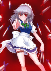 Rule 34 | 1girl, bad anatomy, bad id, bad pixiv id, embodiment of scarlet devil, female focus, gradient background, highres, izayoi sakuya, knife, maid, maid headdress, red eyes, silver hair, solo, throwing knife, touhou, weapon, windtalker