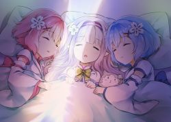 Rule 34 | 3girls, :o, = =, aged down, animal, blanket, blue hair, blush, bow, bowtie, capelet, closed eyes, closed mouth, detached sleeves, emilia (re:zero), flower, hair flower, hair ornament, hairband, light, long hair, long sleeves, lying, melings (aot2846), multiple girls, on back, parted lips, pillow, pink hair, pointy ears, puck (re:zero), ram (re:zero), re:zero kara hajimeru isekai seikatsu, rem (re:zero), short hair, sidelocks, silver hair, sleeping, white capelet, white flower, wide sleeves, x hair ornament, yellow neckwear