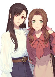Rule 34 | 2girls, aerith gainsborough, bag, belt, black hair, blouse, brown hair, casual, contemporary, earrings, final fantasy, final fantasy vii, final fantasy vii remake, friends, green eyes, handbag, highres, hoop earrings, jewelry, looking at viewer, multiple girls, neck ribbon, necklace, red eyes, ribbon, shirt, simple background, skirt, smile, tifa lockhart, white background, xia (ryugo)