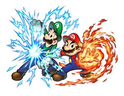 Rule 34 | 2boys, absurdres, brothers, electricity, facial hair, fire, full body, highres, luigi, mario, mario &amp; luigi: superstar saga, mario &amp; luigi rpg, mario &amp; luigi rpg (style), mario (series), multiple boys, mustache, nintendo, official art, pyrokinesis, siblings, transparent background