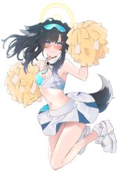 Rule 34 | 1girl, absurdres, animal ears, bare shoulders, black hair, blue archive, blue eyes, blush, breasts, cheerleader, crop top, dog ears, eyewear on head, goggles, goggles on head, halo, hibiki (blue archive), hibiki (cheer squad) (blue archive), highres, looking at viewer, medium breasts, midriff, millennium cheerleader outfit (blue archive), miniskirt, navel, official alternate costume, open mouth, pom pom (cheerleading), pom pom (clothes), sad, skirt, solo, sunglasses, tearing up