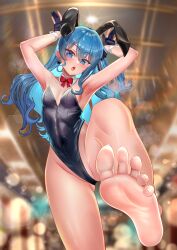 Rule 34 | 1girl, absurdres, animal ears, armpits, barefoot, black gloves, black leotard, blue eyes, blue hair, bow, bowtie, breasts, colored inner hair, covered navel, detached collar, fake animal ears, foreshortening, gloves, hair between eyes, highleg, highleg leotard, highres, hololive, hoshimachi suisei, jagoo, leotard, medium hair, multicolored hair, one side up, open mouth, partially fingerless gloves, playboy bunny, rabbit ears, rabbit pose, red bow, red bowtie, small breasts, solo, star (symbol), star in eye, strapless, strapless leotard, symbol in eye, virtual youtuber, wrist cuffs