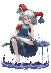 Rule 34 | 1girl, barefoot, blue dress, closed mouth, collarbone, curled horns, dress, earrings, grey hair, hashiro, highres, horns, jewelry, looking at viewer, oversized object, pointy ears, red eyes, red horns, red sleeves, sheep horns, short hair, simple background, smile, solo, spork, touhou, toutetsu yuuma, white background