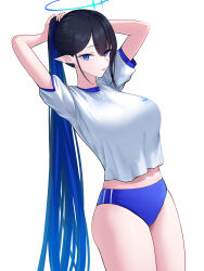 Rule 34 | 1girl, absurdres, aoi riko, blue archive, blue buruma, blue eyes, breasts, buruma, cowboy shot, gym shirt, gym uniform, halo, highres, large breasts, long hair, looking at viewer, multicolored hair, pointy ears, ponytail, rin (blue archive), shirt, short sleeves, simple background, solo, two-tone hair, uniform, upper body, very long hair, white background