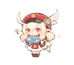 Rule 34 | 1girl, ahoge, backpack, bag, blonde hair, blush, boots, brown footwear, chibi, child, clover, dodoco (genshin impact), dress, feathers, four-leaf clover, genshin impact, hair between eyes, hat, highres, klee (genshin impact), light bulb, low twintails, pointy ears, red dress, red eyes, red hat, seashell, shell, shuangfeng, simple background, solo, sparkle, standing, twintails, white background