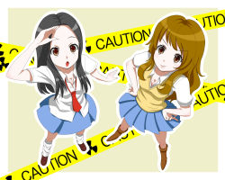 Rule 34 | 2girls, black hair, blonde hair, blue skirt, boots, breasts, brown eyes, caution tape, cleavage, coppelion, from above, full body, hand to forehead, hands on own hips, knee boots, loafers, long hair, looking up, loose socks, mount whip, multiple girls, necktie, open mouth, ozu kanon, ozu shion, pleated skirt, radiation symbol, school uniform, shirt, shoes, short sleeves, siblings, sisters, skirt, socks, sweater vest, white shirt