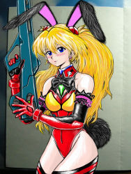 Rule 34 | 1girl, animal ears, artist request, ass, bare shoulders, black leotard, blonde hair, blue eyes, blush, breasts, cleavage, detached collar, fake animal ears, fake tail, hair between eyes, highleg, highleg leotard, holding, holding weapon, interface headset, leotard, lips, long hair, looking to the side, medium breasts, neon genesis evangelion, playboy bunny, rabbit ears, rabbit tail, shiny clothes, shiny skin, simple background, smile, solo, souryuu asuka langley, tail, very long hair, weapon