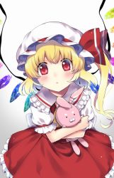 Rule 34 | 1girl, :o, ascot, blonde hair, blush, flandre scarlet, frilled skirt, frills, gradient background, grey background, hat, hat ribbon, head tilt, hugging object, kapuchii, long hair, looking at viewer, mob cap, puffy short sleeves, puffy sleeves, red eyes, red ribbon, red skirt, red vest, ribbon, shirt, short sleeves, side ponytail, skirt, skirt set, solo, stuffed animal, stuffed rabbit, stuffed toy, touhou, vest, white background, white hat, white shirt, wings, yellow ascot