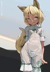Rule 34 | 1girl, animal ears, blonde hair, breasts, cameltoe, fox ears, fox tail, green ribbon, hair between eyes, huxiao (mistlakefront), kudamaki tsukasa, light smile, looking away, mandarin collar, ribbon, romper, see-through, short sleeves, sky, small breasts, solo, standing, tail, touhou, wet, wet clothes