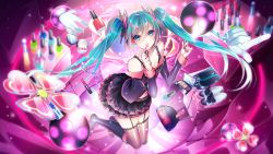 Rule 34 | 1055, 1girl, applying makeup, aqua eyes, blush, bow, breasts, butterfly hair ornament, case, cleavage, collarbone, commentary, cosmetics, eyelash curler, eyelashes, eyeshadow, floating, garter straps, green hair, hair ornament, hair ribbon, hatsune miku, high heels, highres, holding, holding lipstick tube, honey whip (module), jewelry, legs together, light particles, lipstick, lipstick tube, long hair, looking at viewer, makeup, nail file, nail polish, navel, open mouth, project diva (series), revision, ribbon, scissors, shoes, skirt, small breasts, solo, sweet devil (vocaloid), thighhighs, twintails, vial, vocaloid
