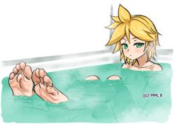 Rule 34 | 1boy, artist name, barefoot, bath, bathing, bathtub, blonde hair, closed mouth, collarbone, completely nude, feet, foot focus, foreshortening, green eyes, kagamine len, knees up, looking at viewer, male focus, nude, partially submerged, simple background, soles, solo, toes, tsukimaru (ls 99ml), water, white background