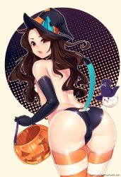Rule 34 | 1girl, animal ears, ass, black gloves, black panties, boo (mario), breasts, brown eyes, brown hair, cat ears, cat tail, clothing cutout, elbow gloves, fang, freckles, from behind, ghost, gloves, halftone, halftone background, halloween, hat, highres, jack-o&#039;-lantern, leaning forward, long hair, looking back, loy (loyproject), loyproject, mario (series), nintendo, open mouth, orange thighhighs, original, panties, pasties, pun, small breasts, solo, striped clothes, striped thighhighs, tail, tail through clothes, thighhighs, topless, underwear, witch hat