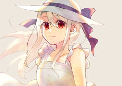 1girl blonde_hair breasts commentary_request dress fate/stay_night fate_(series) hat hat_ribbon illyasviel_von_einzbern light_smile long_hair medium_breasts misuko_(sbelolt) red_eyes ribbon simple_background smile solo sun_hat white_dress white_hat