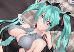 Rule 34 | 1girl, aqua eyes, aqua hair, bare shoulders, bed, bed sheet, between breasts, breast hold, breasts, cleavage, detached sleeves, hand on own face, hatsune miku, kai (link2262), long hair, looking at viewer, lying, necktie, on back, pillow, plaid, smile, solo, twintails, upper body, vocaloid