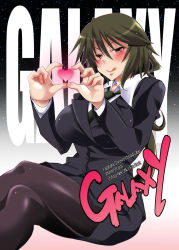 Rule 34 | 10s, 1girl, :&gt;, :q, black pantyhose, black skirt, blush, cover, crossed legs, english text, formal, green hair, hand gesture, heart, heart hands, highres, infinite stratos, jacket, kazahana chiruwo, long hair, long sleeves, looking at viewer, necktie, orimura chifuyu, pantyhose, pencil skirt, sitting, skirt, skirt suit, smile, solo, suit, tongue, tongue out, yellow eyes