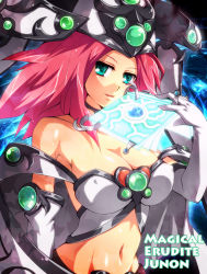 Rule 34 | 1girl, aqua eyes, bare shoulders, book, breasts, character name, choker, cleavage, duel monster, elbow gloves, covered erect nipples, gloves, green eyes, hat, high priestess of prophecy, huge breasts, large breasts, long hair, looking at viewer, magical erudite junon, midriff, mugicha (sukimachaya), navel, parted lips, pink hair, solo, white gloves, yu-gi-oh!, yuu-gi-ou, yu-gi-oh! duel monsters