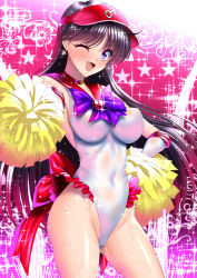 Rule 34 | 1girl, adapted costume, back bow, bishoujo senshi sailor moon, black hair, bow, brooch, cheerleader, choker, commentary request, elbow gloves, gloves, hat, heart, heart brooch, highleg, highleg leotard, hino rei, jewelry, leotard, long hair, looking at viewer, mars symbol, one eye closed, pom pom (cheerleading), purple bow, purple eyes, red background, red choker, red hat, red sailor collar, sailor collar, sailor mars, sailor senshi uniform, sen (sansui), shiny clothes, solo, sparkle background, standing, star (symbol), star choker, sweat, visor cap, white gloves, white leotard
