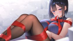 Rule 34 | 1girl, bad id, bad twitter id, bare shoulders, black sweater, blue eyes, blunt bangs, blush, bound, breasts, brown pantyhose, christmas, closed mouth, commentary request, eyelashes, fingernails, head tilt, highres, iriam, large breasts, looking at viewer, lying, mouth hold, nail polish, nakamine lily, on back, pantyhose, pink nails, re:shimashima, red ribbon, restrained, ribbed sweater, ribbon, ribbon bondage, ribbon in mouth, short hair, skindentation, sleeveless, sleeveless sweater, sleeveless turtleneck, solo, sweater, tied up, turtleneck, turtleneck sweater, virtual youtuber