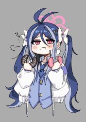 Rule 34 | 1girl, absurdres, antenna hair, blue archive, blue hair, blue necktie, blue vest, blush, closed mouth, collared shirt, doughnut, eating, food, food on face, fubuki (blue archive), grey background, grey hair, halo, highres, holding, holding food, jacket, kuzuuo, long hair, long sleeves, multicolored hair, necktie, open clothes, open jacket, pink halo, red eyes, shirt, simple background, solo, streaked hair, twintails, vest, white jacket, white shirt