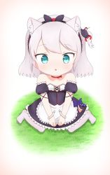 Rule 34 | 1girl, :o, absurdres, aged down, american flag, american flag print, animal ears, apron, azur lane, bare shoulders, black bow, black dress, black hairband, blue bow, blue eyes, blush, bow, cat ears, cat hair ornament, child, choker, collarbone, commentary, detached sleeves, dress, flag print, frilled apron, frills, full body, grass, hair bow, hair ornament, hair ribbon, hairband, hammann (azur lane), highres, long hair, looking at viewer, no shoes, on grass, one side up, pantyhose, parted lips, puffy short sleeves, puffy sleeves, red choker, red ribbon, remodel (azur lane), ribbon, short sleeves, silver hair, simple background, sitting, solo, strapless, strapless dress, waist apron, wariza, white apron, white background, white pantyhose, wrist cuffs, yuujoduelist