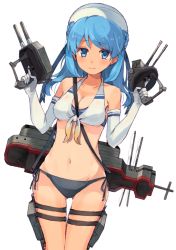 Rule 34 | 10s, 1girl, bikini, blue eyes, blue hair, breasts, cannon, cleavage, cowboy shot, elbow gloves, front-tie top, gloves, hat, kantai collection, long hair, looking at viewer, matching hair/eyes, navel, rigging, senbei (senbe i), side-tie bikini bottom, simple background, small breasts, smile, solo, swimsuit, thigh gap, turret, urakaze (kancolle), white hat