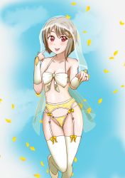 Rule 34 | 1girl, :p, absurdres, artist name, artist request, bare shoulders, bikini, blue sky, blush, bow, bow legwear, breasts, brown hair, cleavage, cloud, collarbone, crescent, crescent hair ornament, day, falling leaves, female focus, fingering, front-tie bikini top, front-tie top, garter belt, garter straps, grey hair, hair ornament, highres, leaf, light brown hair, looking at viewer, love live!, love live! nijigasaki high school idol club, nail, nail polish, nakasu kasumi, outdoors, panties, parted lips, pink eyes, pointing, pointing at self, purple eyes, short hair, sky, small breasts, smile, solo, standing, standing on one leg, star (symbol), star hair ornament, string bikini, swimsuit, tongue, tongue out, underwear, veil, white footwear, white legwear, yellow bow, yellow nail polish, yellow nails, yellow panties