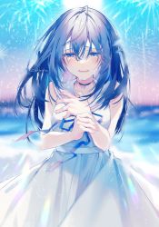 Rule 34 | 1girl, artist name, bare shoulders, black choker, blue hair, blue ribbon, blue sky, blurry, blurry background, bow, car, choker, crying, crying with eyes open, dark blue hair, dress, fireworks, hair between eyes, hand on own chest, highres, long hair, looking at viewer, motor vehicle, open mouth, original, oshioshio, ribbon, sky, solo, tears, white dress