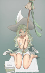 Rule 34 | 10s, 1girl, bare legs, bare shoulders, barefoot, blue eyes, blush, book, breasts, broom, carpet, collarbone, diana cavendish, dress, full body, grey background, hat, high heels, highres, legs, little witch academia, long hair, looking at viewer, pandarou, seiza, simple background, sitting, smile, solo, strapless, strapless dress, white hair, witch, witch hat