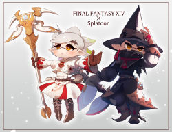Rule 34 | + +, 2girls, artist name, belt, black coat, black footwear, black hair, black hat, black mage (final fantasy), black pants, boots, brown eyes, brown gloves, callie (splatoon), canteen, coat, commentary, copyright name, coula cat, cousins, dress, english text, final fantasy, final fantasy xiv, frown, gloves, grey hair, hat, headgear, highres, holding, holding staff, inkling, jacket, knee boots, layered sleeves, light particles, long hair, long sleeves, marie (splatoon), mask, medium dress, mole, mole under eye, multiple girls, neck ribbon, nintendo, open mouth, pants, pointy hair, potion, red neckwear, ribbon, short hair, short over long sleeves, short sleeves, signature, staff, standing, tentacle hair, utility belt, very long hair, white dress, white jacket, white mage (final fantasy), wide sleeves, witch hat