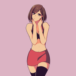 Rule 34 | 1girl, black bra, black thighhighs, bob cut, bra, brown eyes, brown hair, colored skin, commentary, cowboy shot, hand on own neck, head tilt, lace, lace-trimmed bra, lace trim, looking to the side, meiko (vocaloid), midriff, navel, no shirt, orange skin, pink background, red skirt, shirt, short hair, simple background, skirt, solo, stomach, sweat, thighhighs, underwear, vocaloid, yen-mi