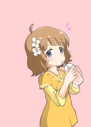 Rule 34 | 1girl, absurdres, ahoge, blue eyes, brown hair, child, commentary request, cup, dot nose, dress, drinking, drinking straw, floral print, flower, hair flower, hair ornament, hands up, highres, holding, holding cup, idolmaster, idolmaster million live!, long sleeves, looking at viewer, notice lines, pink background, short hair, solo, suou momoko, wavy hair, yellow dress, yonekura ryo (ryokakat0801)