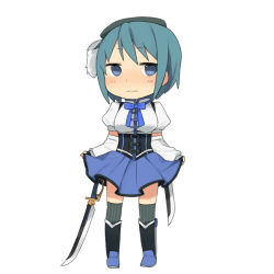 Rule 34 | 1girl, adapted costume, beret, blue eyes, blue hair, boots, chibi, clothes lift, cosplay, detached sleeves, full body, hat, magical girl, mahou shoujo madoka magica, mahou shoujo madoka magica (anime), matching hair/eyes, miki sayaka, ribbon, short hair, simple background, skirt, skirt hold, skirt lift, solo, striped clothes, striped thighhighs, sword, thighhighs, tomoe mami, tomoe mami (cosplay), tsuduya (knt31), vertical-striped clothes, vertical-striped thighhighs, weapon