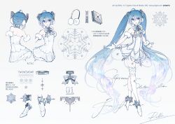 1girl ahoge arm_scrunchie asymmetrical_legwear ballerina ballet_dress ballet_slippers bare_shoulders blue_eyes blue_hair character_name character_sheet commentary concept_art copyright_notice crypton_future_media dress earmuffs from_behind fur-trimmed_gloves fur_trim gloves gramophone_miku hair_ornament hatsune_miku long_hair looking_at_viewer miku_symphony_(vocaloid) miniskirt multiple_views official_art open_mouth piapro pleated_skirt rella see-through_dress_layer signature single_thighhigh skirt skirt_under_dress smile snowflake_print snowflakes strapless strapless_dress thighhighs twintails very_long_hair vocaloid white_background white_dress white_footwear white_gloves white_hair white_skirt white_thighhighs