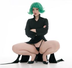 Rule 34 | 1girl, belly, black panties, black thong, cosplay, dress, female focus, green hair, hips, indoors, lada lyumos, navel, non nude, one-punch man, pale, pale skin, panties, photo (medium), revealing clothes, sexually suggestive, simple background, solo, solo focus, squatting, studio background, suggestive, tatsumaki, tatsumaki (cosplay), thighs, thong, twitter, underwear, wig