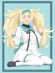 Rule 34 | 1girl, absurdres, aqua background, aqua sailor collar, blonde hair, blue eyes, commentary request, dress, full body, gambier bay (kancolle), hairband, highres, kantai collection, loafers, looking at viewer, sailor collar, sailor dress, shingyou (alexander-13), shoes, sitting, smile, solo, thighhighs, twintails, wariza, white dress, white thighhighs