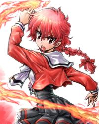 Rule 34 | 1girl, amania orz, bow, braid, fire, long hair, looking at viewer, magic, magic knight rayearth, open mouth, red eyes, red hair, school uniform, shidou hikaru, simple background, single braid, skirt, solo, white background