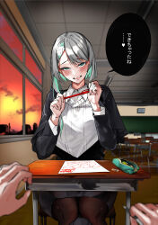 Rule 34 | 1girl, 3d background, absurdres, aqua eyes, aqua hair, black skirt, blurry, blurry background, blurry foreground, braid, brown pantyhose, chalkboard, colored inner hair, desk, grey hair, heart, heart-shaped pupils, highres, holding, holding pen, long sleeves, looking at viewer, multicolored hair, open mouth, original, pantyhose, pen, pencil case, rinrin (ppnk2835), school, school desk, skirt, speech bubble, sweatdrop, symbol-shaped pupils, academic test, window, yandere