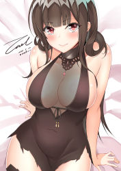 Rule 34 | 1girl, ahoge, arm support, arm under breasts, armlet, black dress, blunt bangs, blush, breast lift, breasts, brown hair, casual, champagne flute, choker, cleavage, closed mouth, covered navel, cup, dated, dress, drinking glass, dsr-50 (girls&#039; frontline), dsr-50 (highest bid) (girls&#039; frontline), earrings, gem, girls&#039; frontline, hair ornament, hair over shoulder, holding, holding cup, holding drinking glass, jewelry, large breasts, leaning back, long hair, looking at viewer, necklace, no bra, official alternate costume, pendant, red eyes, red gemstone, ring, sideboob, sidelocks, signature, sitting, skindentation, smile, solo, thighs, torn clothes, torn dress, twitter username, unel, upper body, very long hair, wedding band