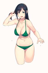 Rule 34 | 1girl, :d, alternate costume, bare arms, bare shoulders, bikini, black hair, breasts, cleavage, collarbone, commentary request, cowboy shot, cropped legs, green bikini, green eyes, halterneck, highres, holding, holding hair, kantai collection, large breasts, long hair, looking at viewer, navel, open mouth, simple background, skindentation, smile, solo, souryuu (kancolle), swimsuit, wet, white background, yuuji (and)